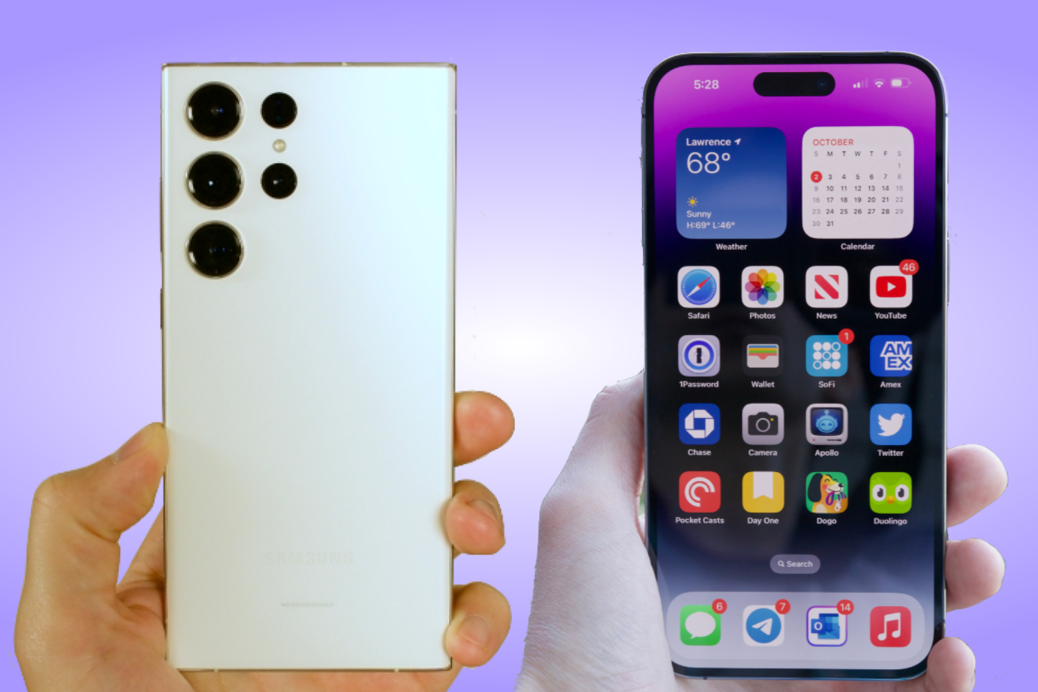 Samsung Galaxy S23 Ultra y iPhone 14 Pro Max.