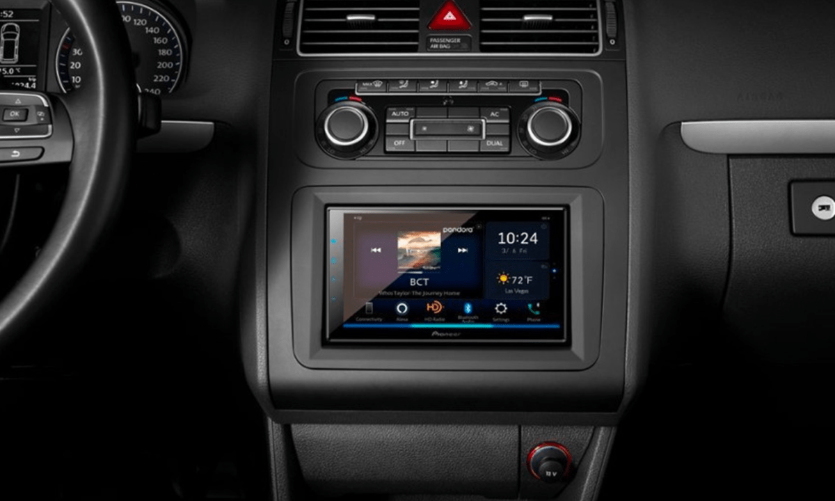 The 6.8-inch Pioneer digital media receiver installed in a vehicle's dashboard.