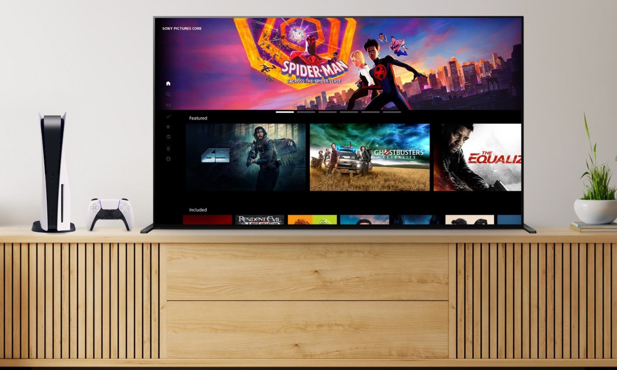 A PlayStation 5 connected to a TV, showing the Sony Pictures Core interface.