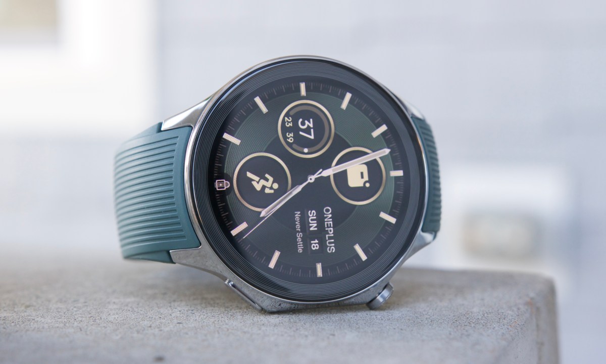 The OnePlus Watch 2 resting on its side.