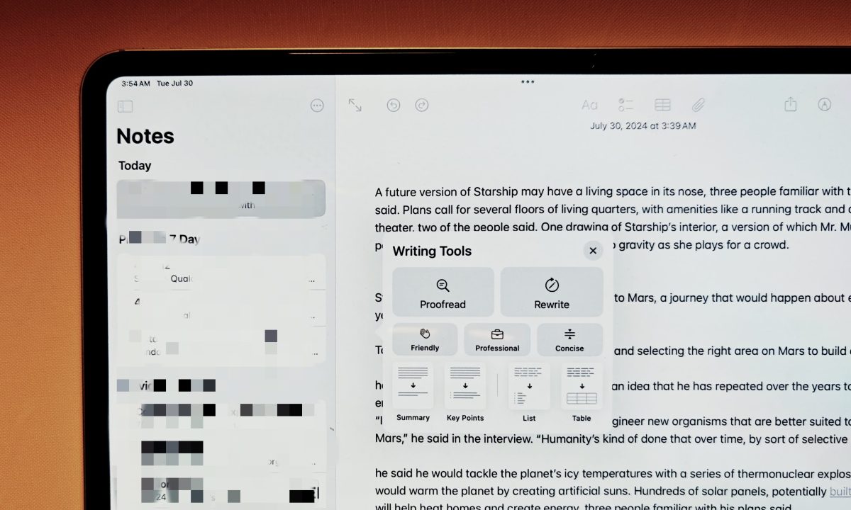Writing tools in Apple Notes.