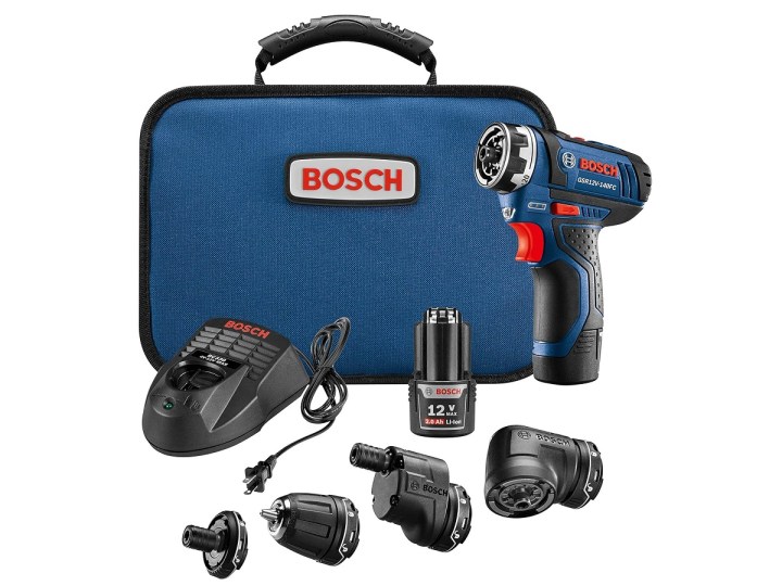 The contents of the Bosch 12V cordless Flexiclick screwdriver kit.