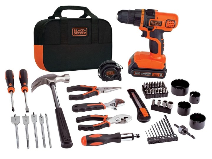 The contents of the Black and Decker 20V Max drill and home tool kit.
