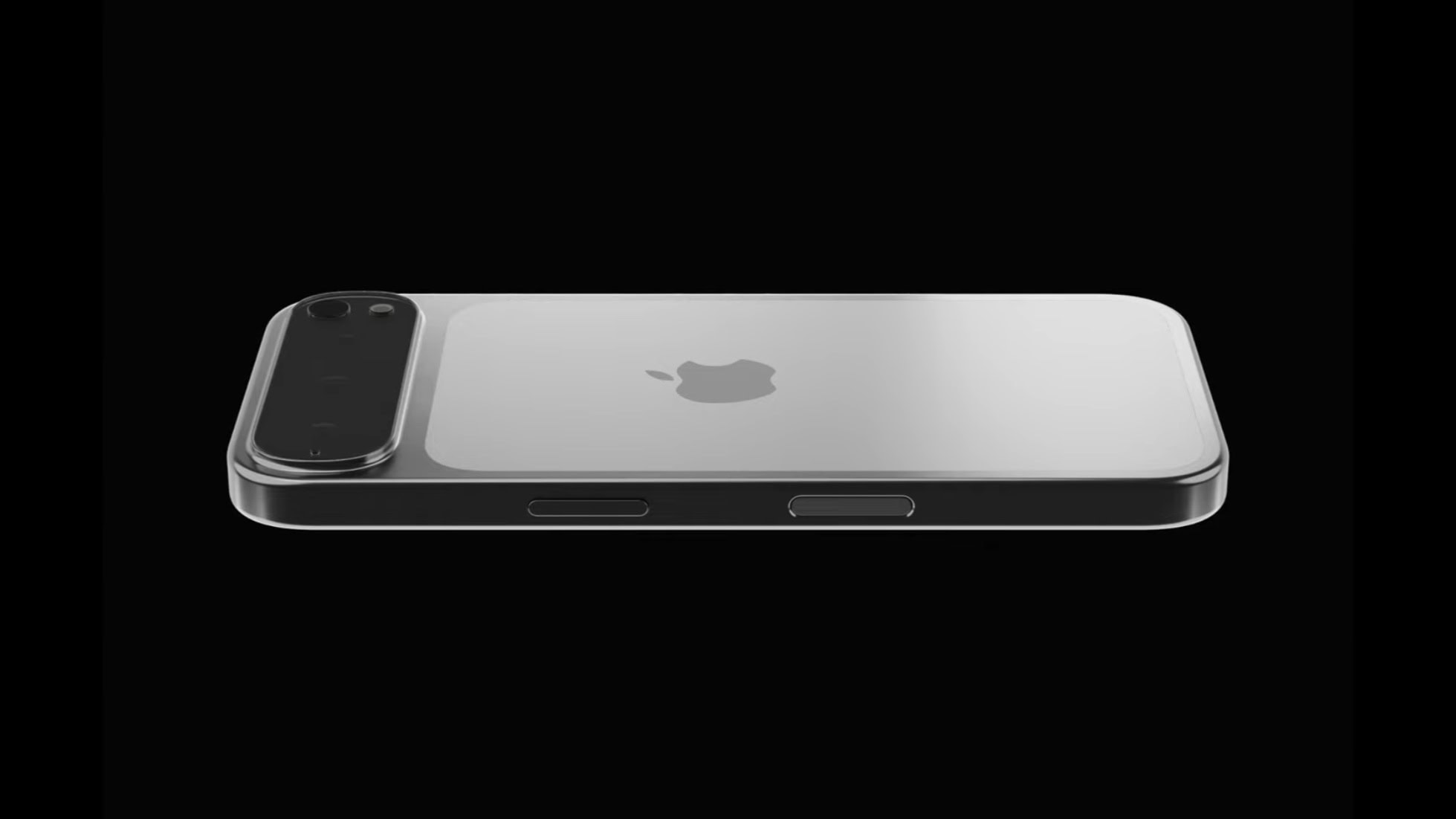 Render filtrado de la vista lateral del panel trasero del iPhone 17 Pro Max.