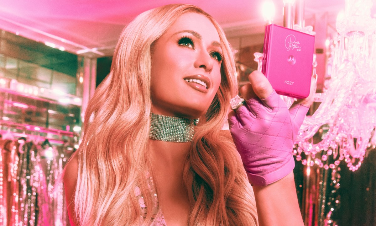 A press image for the Motorola Razr Plus (2024) Paris Hilton Edition.