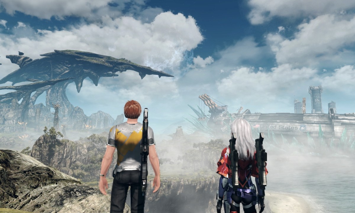 A man stands next to a white-haired woman as they look over an alien lanscape